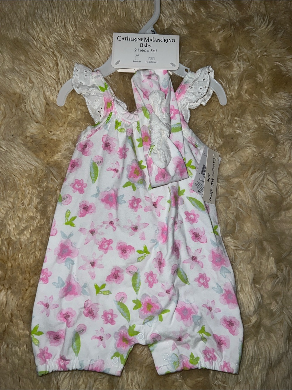 Catherine Malandrino White Romper with Pink Floral and Green Leaf Print